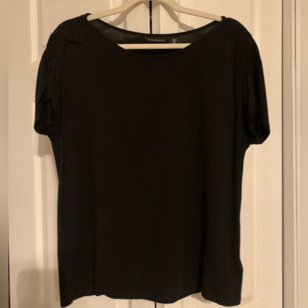 Tahari Womens Short Sleeve Top, Adjustable String Tie On Shoulders, Medium,Black